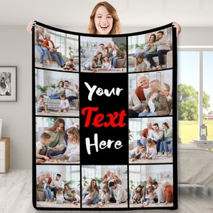 Custom Blanket with Picture Text,Personalized Christmas Blanket for Anniversary Birthday,Photo Collage Blanket Made in USA,4 Sizes 28 Styles