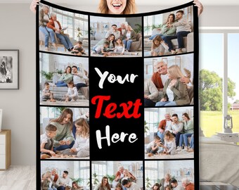 Custom Blanket with Picture Text,Personalized Christmas Blanket for Anniversary Birthday,Photo Collage Blanket Made in USA,4 Sizes 28 Styles