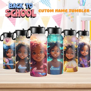 Personalized Name Black Girl Tumbler,Water Bottle With Straw Lid,Custom Water Bottle, Personalized Kids Cup,Back to school, Birthday Gift