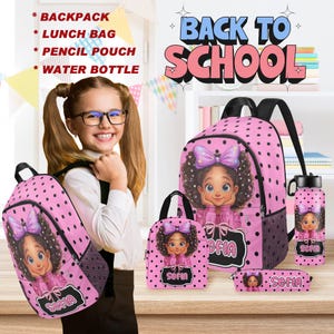 Back to School Gifts for Kids, Custom Afro Black Girl Backpack, Lunch Bag, Pencil Pouch, Water Bottle, Name on Black Girl School Bag,