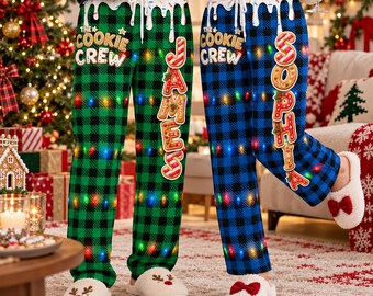 Personalized Christmas Pajama Pants, Custom Gingerbread Name, Plaid Cookie Crew Sleepwear