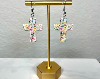 Floral Cross, Easter Earrings, Unique Catholic Jewelry, Christian Faith-Inspired Gifts, He is Risen