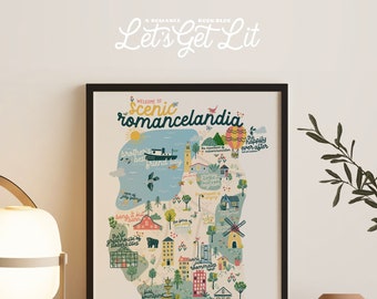 May include: A framed art print with a map-like illustration of "Scenic Romancelandia" with various landmarks and text. The print is in a black frame and sits on a wooden surface. The text "Let's Get Lit" is above the frame.