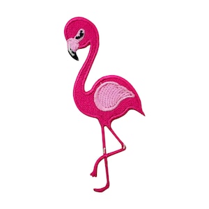 May include: Embroidered patch of a pink flamingo with a long neck and legs. The flamingo has a light pink patch on its chest and a black and white beak. The patch is designed to be ironed or sewn onto fabric.