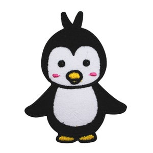 May include: Embroidered penguin patch. The penguin has a black body, white belly, and a yellow beak. It has pink cheeks and small black eyes. The patch is designed to be ironed or sewn onto fabric for clothing or accessories.