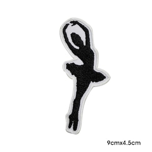 May include: Embroidered patch of a ballerina in black, with a white border. The patch is approximately 9cm x 4.5cm. Suitable for adding to clothing or accessories. A decorative item.