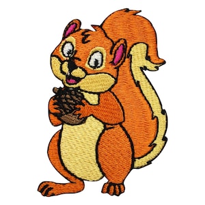 May include: An embroidered iron-on patch of a cartoon squirrel holding an acorn. The squirrel is orange and yellow with a pink nose and ears. The acorn is brown.