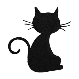 Puede incluir: Silueta negra de un gato sentado con la cola enroscada alrededor de su cuerpo. El gato está mirando hacia la derecha y mirando hacia atrás por encima de su hombro.