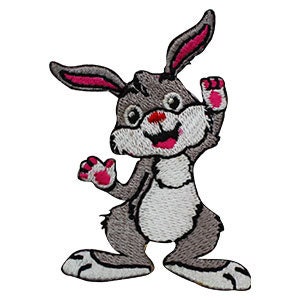 May include: Embroidered patch of a cartoon rabbit with grey fur, pink inner ears, and a red nose. The rabbit is waving with a cheerful expression, outlined in black, and has white and pink accents. Suitable for application on clothing or accessories.