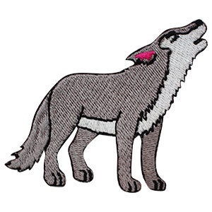 May include: Embroidered patch depicting a grey wolf howling. The wolf has white and black detailing, with a pink ear. The patch is designed for ironing or sewing onto fabric. The wolf is standing on all fours.