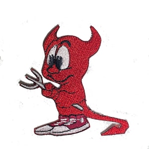 May include: Red cartoon devil with horns, holding a pitchfork, wearing white trainers with red accents.