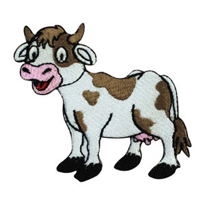 May include: Embroidered iron-on patch of a brown and white cartoon cow with a pink nose and udder. The cow is smiling and has large eyes.