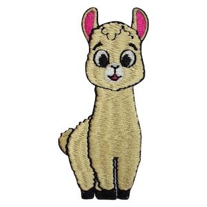 May include: Embroidered patch of a llama with a tan body, black hooves, and pink inner ears. The llama has large eyes and a smiling mouth. This patch is suitable for clothing or accessories, and is ideal for children.