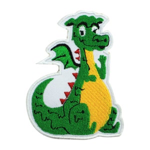 May include: Green embroidered iron-on patch of a cartoon dragon with a yellow belly and red wings.