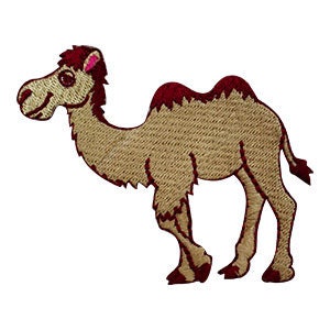 May include: Embroidered patch featuring a cartoon camel in shades of tan, brown, and burgundy. The camel is depicted in a side profile, with a smiling expression and detailed stitching. The patch is likely designed for application on clothing or accessories.