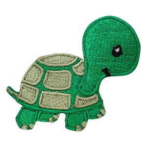 May include: Embroidered green turtle patch with a light green shell pattern. The turtle has a black eye and a smiling mouth. The patch is designed to be ironed on or sewn onto fabric.
