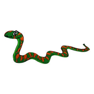 May include: Green and orange snake with a smiling face, embroidered patch.
