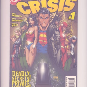 May include: Comic book cover for Identity Crisis #1, featuring Superman, Batman, Wonder Woman, Green Arrow, and other superheroes. The cover features a coffin and the text "Deadly Secrets! Private Hells! The Comics Event of the Year Begins Here!"