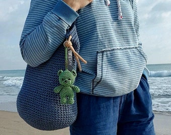 Bolso de mano de crochet, bolso de hombro de algodón azul para mujer