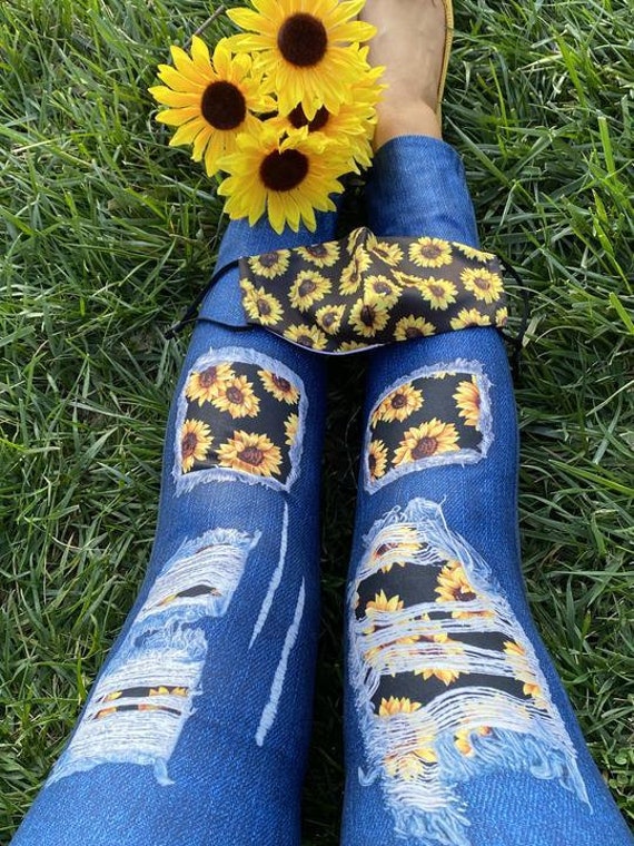 Yellow Sunflower Patch Print on Blue Jean Print Jeggings Womens Yoga High  Rise Yoga Waist Leggings Buttery Soft Pants 