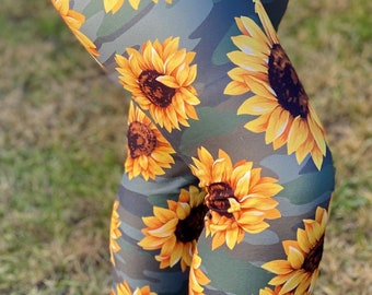 Sonnenblume Camo Damen High Rise Yoga Taille Leggings | Grüne Camouflage Hose mit Blumen | Zwischen, OS, TC, TC2