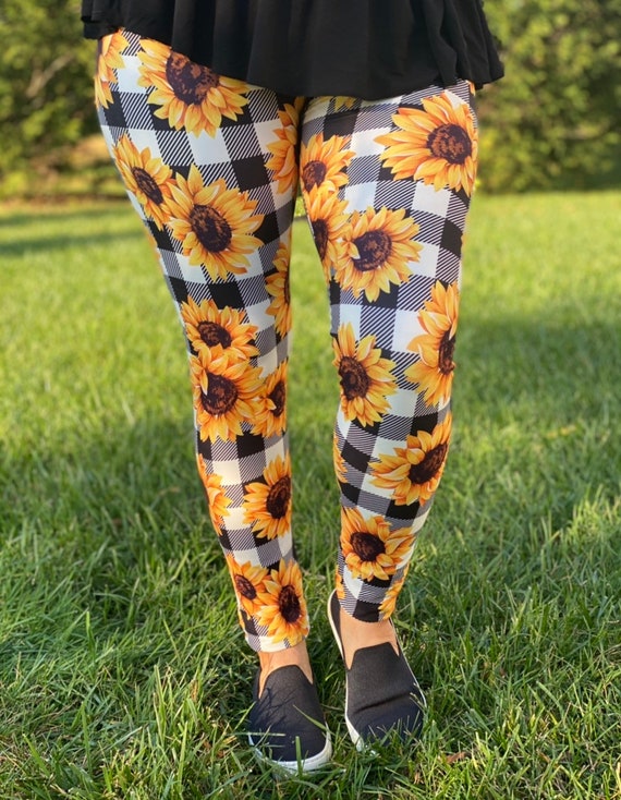 Yellow Sunflowers on Black & White Plaid Womens Yoga High Waist Yoga  Leggings Gift for Petite Women to Plus Size Floral Pant Bottoms 