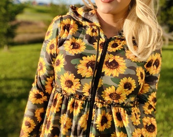 Sunflower Green Camouflage Women’s Zipper Pocket Hoodie Jacket  | Small - Plus Size