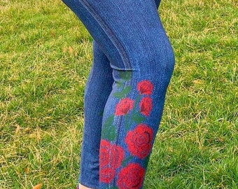 Rote Rose Blau Jeans Yoga High Rise Taille Damen Leggings | Faux Denim Print Hosenunterseiten