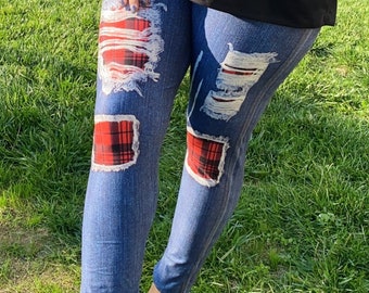 Red Buffalo Plaid Patch Blue Jeans Frauen Yoga Hohe Taille Leggings