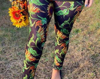 Vintage Embroidery Stitch Sunflower Floral Black Yoga Women’s Leggings | Gift for Women & Teens