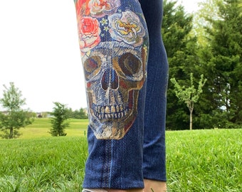 Skulls & Roses Blue Jean Yoga High Rise Waist Women’s Leggings