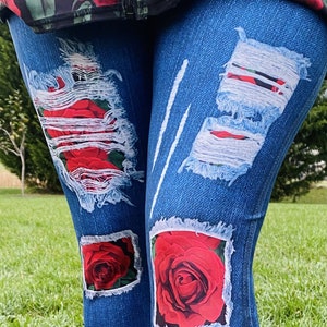 Red Rose Flower Patch Blue Jean Women’s Yoga High Waist Leggings | Tween, OS, TC, TC2 | Bottoms for Teens - Plus Size