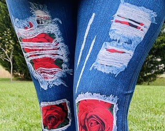 Rote Rosen-Blumen-Flecken-blaue Jean-Frauen Yoga-hohe Taillen-Leggings | Zwischen,OS,TC,TC2 | Hose für Teens - Plus Size