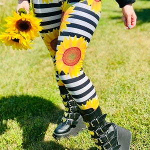 Leggings de yoga de tiro alto con diseño de girasoles amarillos sobre rayas blancas y negras para mujer / OS, TC, TC2, Tween