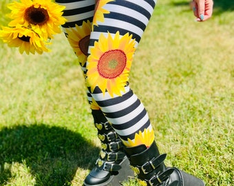 Gelbe Sonnenblumen auf schwarz-weißen Streifen Damen Yoga High Rise Butterweiche Leggings | OS, TC, TC2, Zwischen