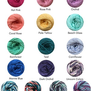 May include: Color options for yarn in various shades of pink, yellow, blue, green, and purple. The yarn is arranged in a grid with the name of each color below it. The yarn is all the same type and texture, but in different colors.
