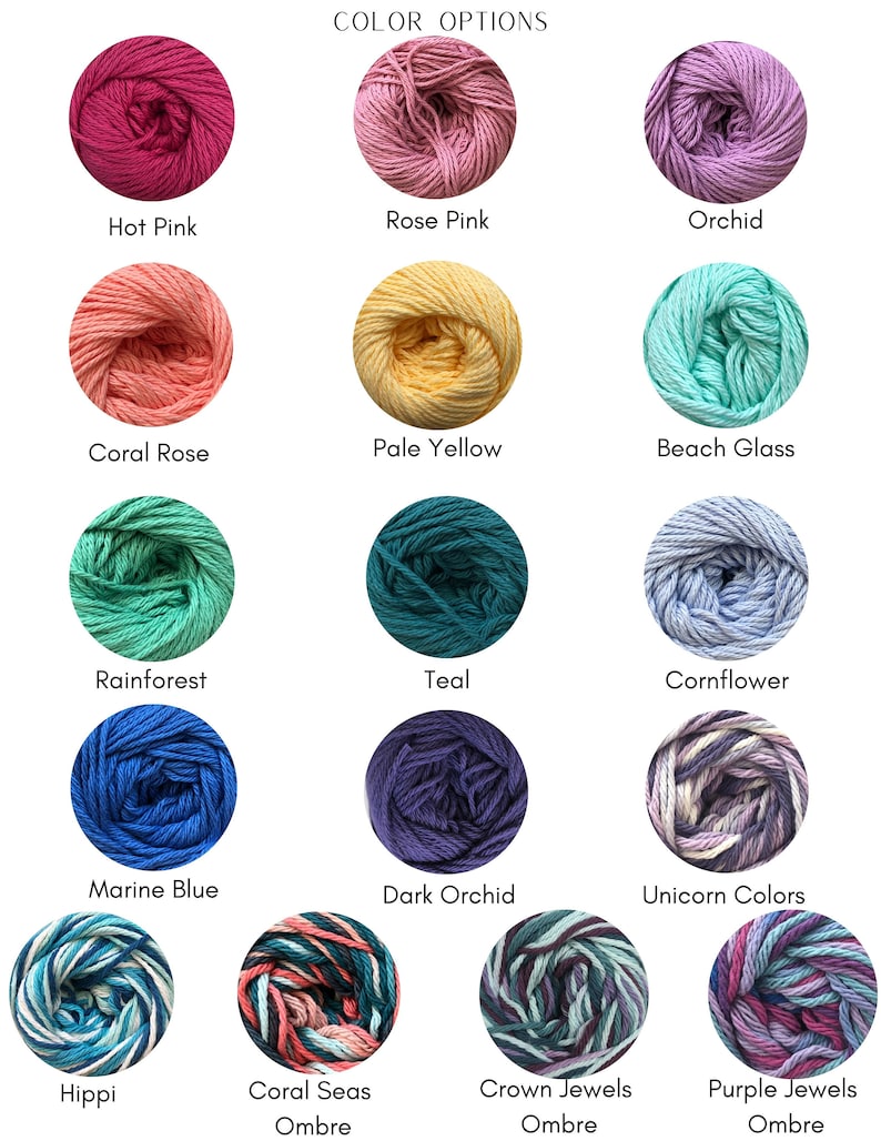 May include: Color options for yarn in various shades of pink, yellow, blue, green, and purple. The yarn is arranged in a grid with the name of each color below it. The yarn is all the same type and texture, but in different colors.