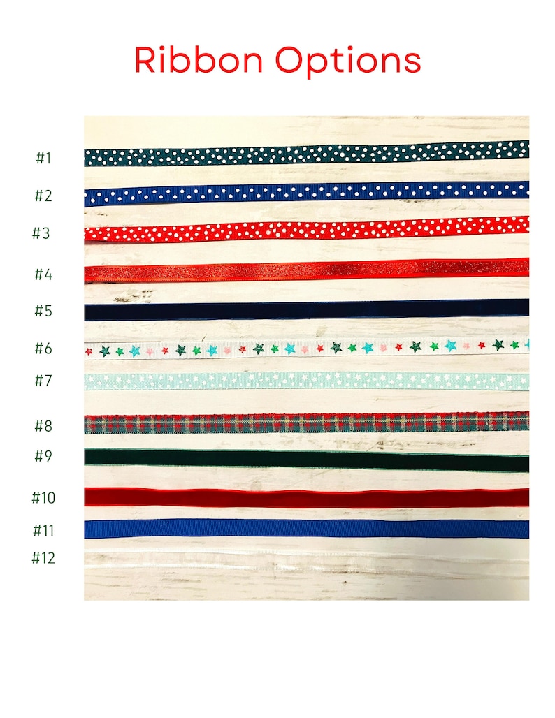 May include: Twelve different ribbon options for gift wrapping. The ribbons are in various colors and patterns, including green, blue, red, white, and black. The ribbons are numbered 1 through 12.