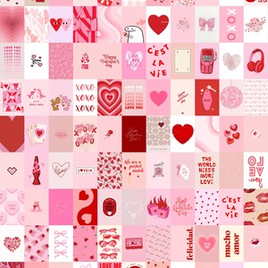 100 piezas / Collage de fotos de San Valentín / Collage de pared estético Lovecore / Collage de póster danés rosa y rojo / Collage de fotos estético de amor