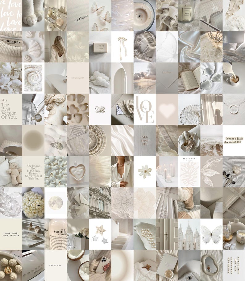 May include: A collage of images in shades of white and cream. The images include flowers, butterflies, clouds, hearts, and other romantic imagery. The collage is a great way to add a touch of elegance and sophistication to any room.