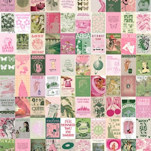 80 PCS | Poster esthétique rose et vert à thème | Collage photo mural rose | Collage de photos mur vert pastel | Collage photo sauge et rose