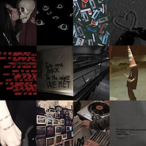 May include: A collage of nine images with a dark and moody aesthetic. The images include a couple with a skull, a wall with graffiti, a person wearing a traffic cone on their head, a wall with eyes, a wall with cassette tapes, a person holding a record, a wall with televisions, a person holding a cigarette, and a wall with a heart drawn in the sand.