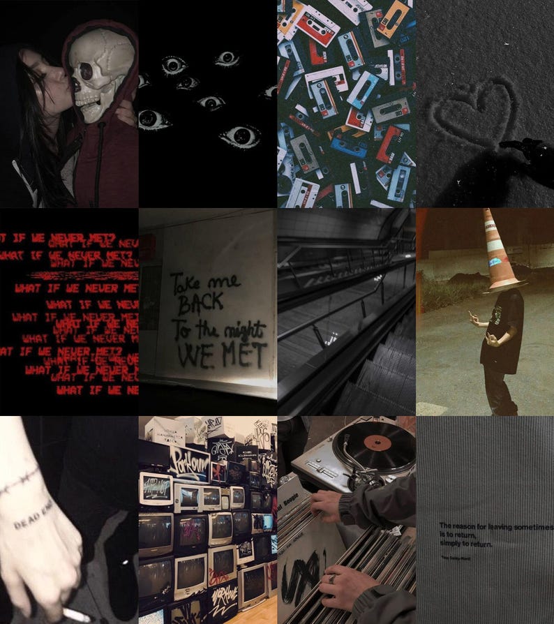 May include: A collage of nine images with a dark and moody aesthetic. The images include a couple with a skull, a wall with graffiti, a person wearing a traffic cone on their head, a wall with eyes, a wall with cassette tapes, a person holding a record, a wall with televisions, a person holding a cigarette, and a wall with a heart drawn in the sand.