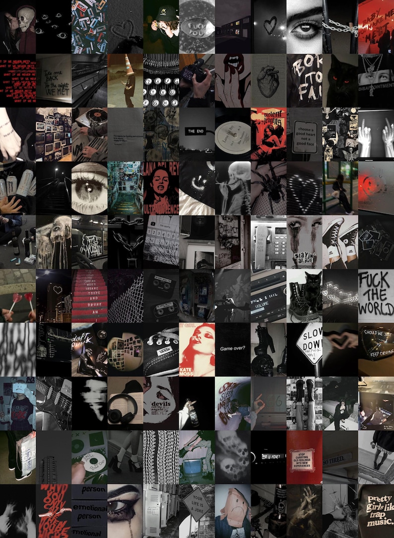 May include: A collage of images in black and white and red with various themes including music, fashion, and skulls. The collage includes text such as "The End", "Game Over?", "Slow Down", "Fuck the World", "Pretty girls like trap music", and "Life is a Joke".