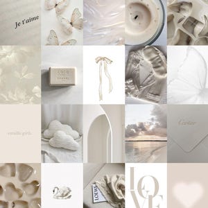 May include: A collage of images in shades of white and beige. The images include butterflies, flowers, clouds, a candle, a soap bar, a bow, a jacket, an envelope, a swan, a heart, and the word "LOVE".