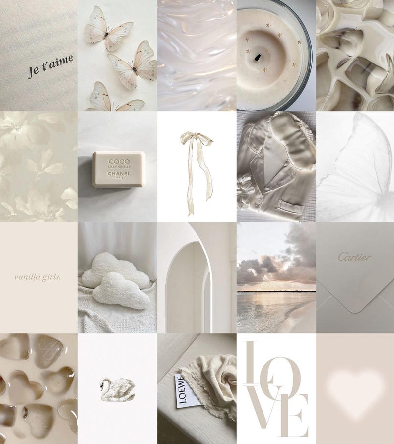 May include: A collage of images in shades of white and beige. The images include butterflies, flowers, clouds, a candle, a soap bar, a bow, a jacket, an envelope, a swan, a heart, and the word "LOVE".