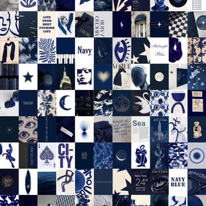 100 piezas / Collage de fotos de pared estético azul marino / Kit de collage de fotos de pared azul oscuro / Collage de fotos de pared azul marino y blanco / Collage de fotos estético azul