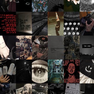 May include: A collage of images in black and white and red, featuring a skull, eyes, cassette tapes, a heart, a typewriter, a camera, a record player, a person wearing a cone hat, a quote about the reason for running, a skull with graffiti, a can of Monster energy drink, a staircase, an eye, a building with a staircase, a woman's face with the text "Lana Del Rey" and "Ultraviolence", a smiley face, a chain, a keypad, and graffiti.