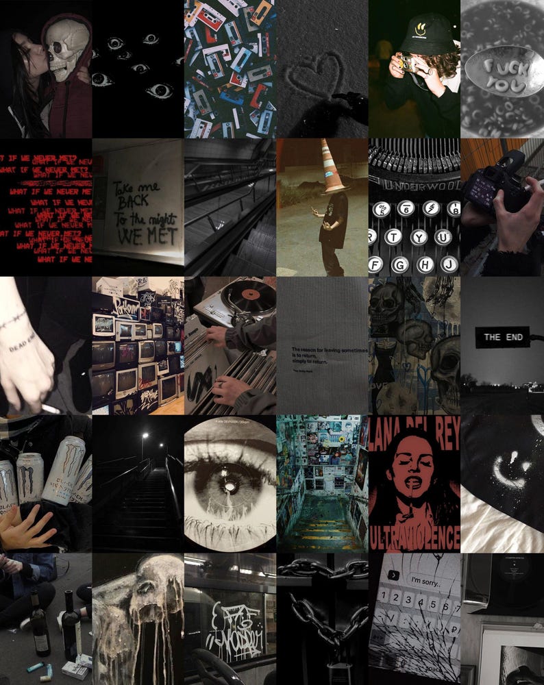 May include: A collage of images in black and white and red, featuring a skull, eyes, cassette tapes, a heart, a typewriter, a camera, a record player, a person wearing a cone hat, a quote about the reason for running, a skull with graffiti, a can of Monster energy drink, a staircase, an eye, a building with a staircase, a woman's face with the text "Lana Del Rey" and "Ultraviolence", a smiley face, a chain, a keypad, and graffiti.