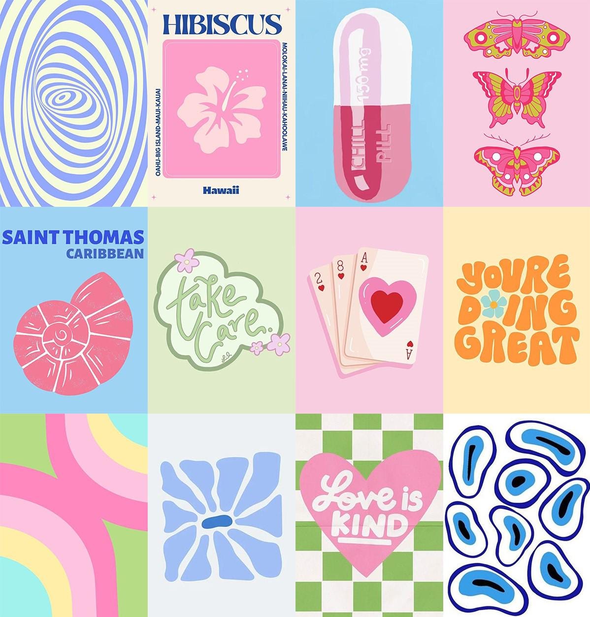 100 PCS | Preppy Aesthetic Wall Poster Prints | Danish Aesthetic Wall